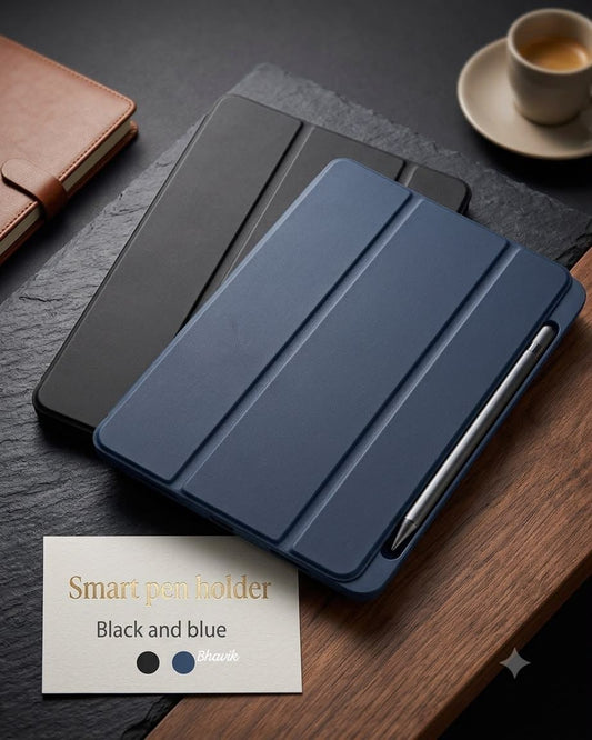 Premium Tri-Fold Tablet Cover with Smart Pen Holder | Magnetic Stand Case | Protective Folio Cover for Tablets | Black & Blue